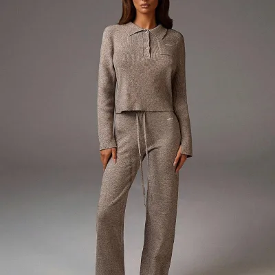Custom Women's Light Gray Knitted Wide Leg Pants Drawstring Waist Casual Loose Fit Trousers Summer Anti-Pilling