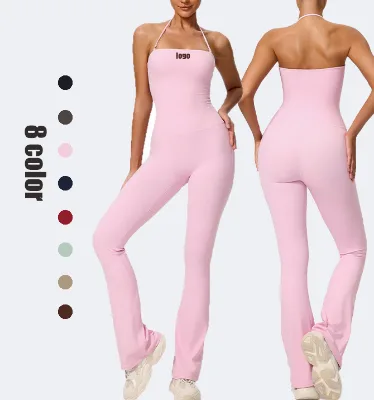 Halter Neck Hip Lift Women's Yoga Jumpsuits  Flared Leggings Backless Yoga Jumpsuit Crothless  Yoga Jumpsuits