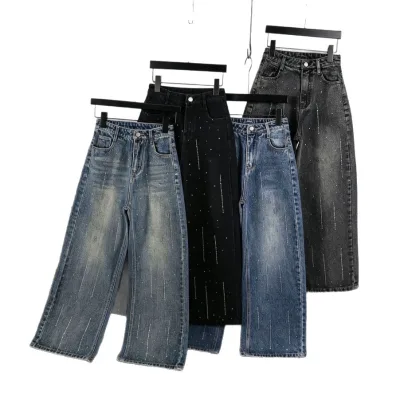 New Children's Jeans, Meteor Shower Hot diamond Washed Denim Girls' Straight-leg Pants