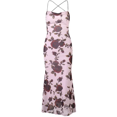 YJ23020 European American Vacation Style Sexy Slim-Fit Dress Backless Lace-up Hip Bag Dress Hot Girl Printed Design Natural 2pcs