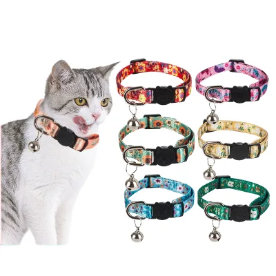 Wholesale Cat Collar with Bell with Flower Printed Customized Polyester Flower Pattern Calming Collar for Cats