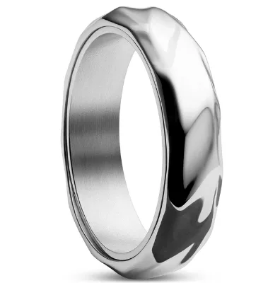 Inspire Stainless Steel Hammered Texture Band Ring Irregular Wavy Surface Polished Silver Plain Ring
