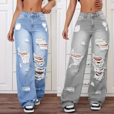 Women High Waist Ripped Distressed Wide Leg Jeans Frayed Hole Loose Denim Straight Trousers Streetwear Long Pants