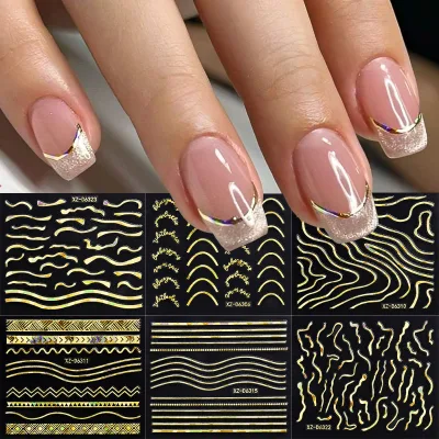 30pc Laser Gold Luxury Nail Sticker Bronzing Lace/Geometric/Flower Golden Nail Slider Retro Starlight Irregular Strip Nail Decal