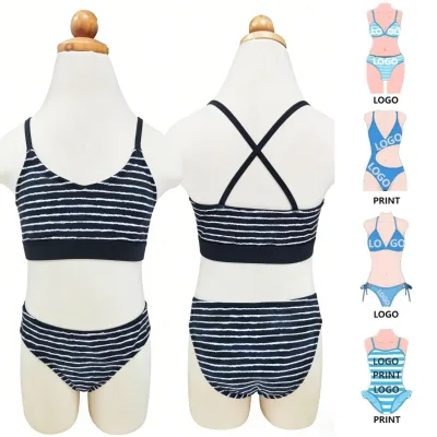 Premium Stripe Pattern Crisscross Back Girls Two Piece Swimwear Beachwear Quick Dry & Breathable Swimsuit for Beach Vacations