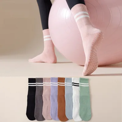 Wholesale 5 Pairs Non-Slip Yoga Pilates Socks Unisex Cotton Full Toe Double Stripes Sweat Absorption Dance Barre Ballet Fitness