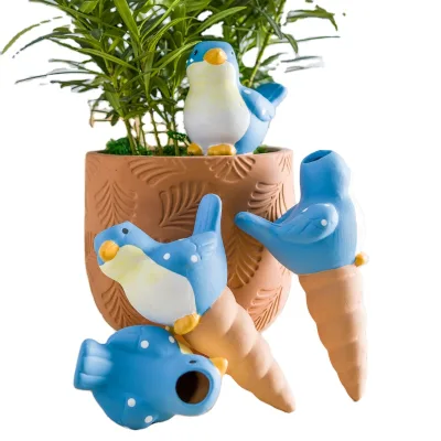 Terracotta Plant Self Watering Spikes - Set of 3 Terracotta Self Watering Bulbs, Self Watering Stakes (Birds Painted, Large)