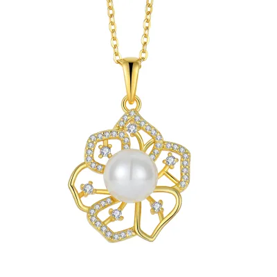 Elegant Lotus Design Freshwater Pearl Pendant Necklace with Cubic Zirconia Gold Plated for Women Daily Wear & Gift