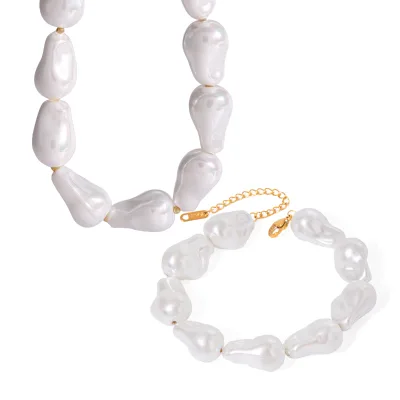 New Arrivals Stainless Steel Barque Pearl Beaded 18K Gold Plated Necklace and Bracelet Jewelry Set