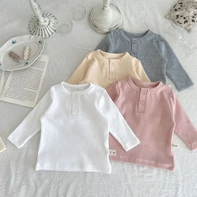 Autumn Girl Baby Long Sleeves Bottoming Shirt Children Ribbed Ruffle Thin Top Kid Cotton Solid Casual Tees