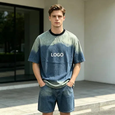 High Quality denim T-shirt men's sets,spraying monkey jeans short sleeve Shorts Two Piece denim Sets for men,Summer Casual 420g