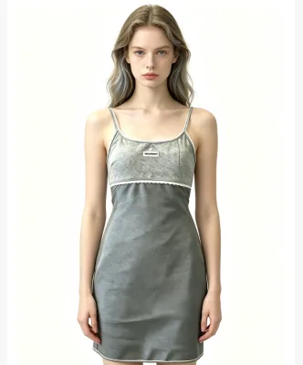 Women Grey Lace Trim Cami Mini Dress Slim Fit Spaghetti Strap Casual Bodycon Dress