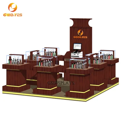 Modern Classic Solid Wood Cosmetic Display Cabinet Fully Transparent Glass Cover Eco-Friendly LED Light Perfume Kiosk