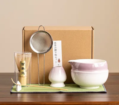 Two Tone Glaze Luxury Japanese Style Eco-Friendly Matcha Bowl Set Creamy White Mint Green Ceramic Chawan Bamboo Chasen Chashaku