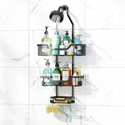 Iron Bathroom Shower Head Storage Rack 3-tier Wall-Mounted Adhesive Modern Simple Design Apartment-Friendly