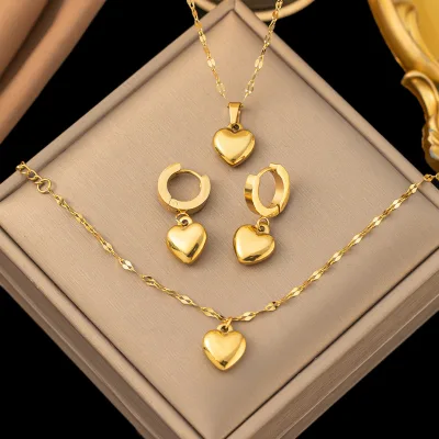 Do Not Fade Color Titanium Steel Necklace Bracelet Earrings, Fashion Matching Set Stainless Steel Jewelry