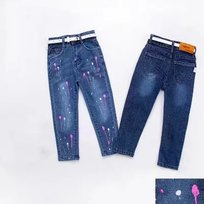 Hot Selling Spring Collection Kids Garments Printed Spandex Girls Pantalon Blue Washed Girls Jean Pants