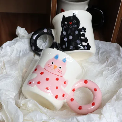 High-Yan Value Ceramic Coffee Cup Hand-Painted Cat Illustration Hot Thermal Insulation Fun Birthday Gift for Children Couples