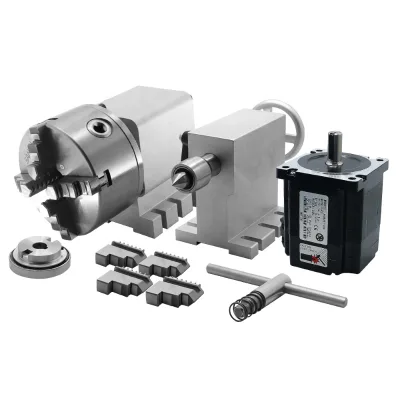 CNC 4th Axis Rotary Axis Kit 100mm Center Height, 130mm 4-Jaw Chuck with 4.5Nm Stepper Motor & Tailstock for CNC Router Milling