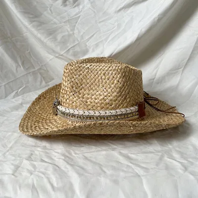 Wholesale Chapeau Summer Fedora Cowboy Hats Fashion Outdoor Wide Brim Beach Stripped Natural Grass Straw Sun Hat