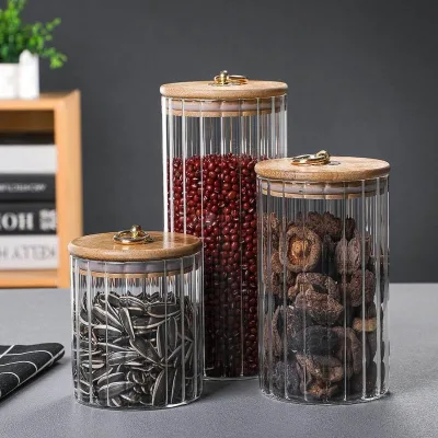 Ribbed Borosilicate Glass Airtight Storage Jar with Wooden Lid Suitable for Kitchen Storage and Tea Leaves
