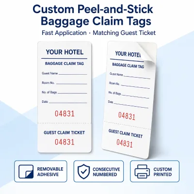 Custom Peel and Stick Hotel Baggage Claim Tags Removable Adhesive Numbered Luggage Tags with Detachable Guest Ticket