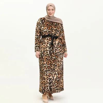Aschulman Winter Muslim Tunic Plus Size Leopard Print Velvet Abaya Dress for Women