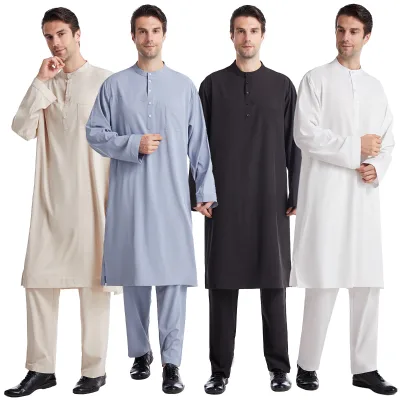 Men's Anti-Static Polyester Abaya Solid Color Button-Down Round Neck Robe Muslim Suit