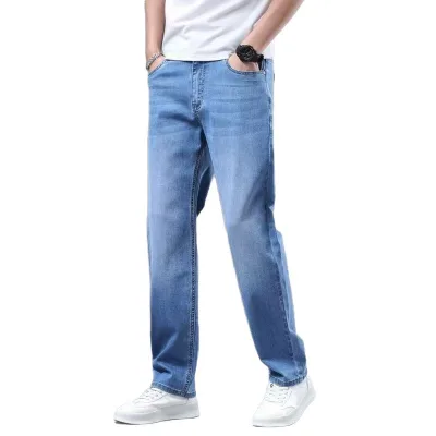 OEM Mid Rise Polyester Blend Straight Leg Button Fly Jeans Mens Korean Style Regular Stretch Casual for Wash Denim Pants