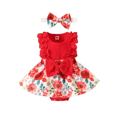 2024 Summer Floral Baby Girl Romper Sleeveless Jumpsuit with Bows Cute Sweet Newborn Girl Clothes