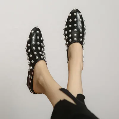 White Pearls Women Large Size 46 Leather Mules Short Square Heels Slippers Wide Fit Ladies Causal Summer Sandals Shoes