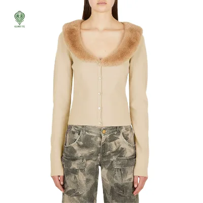 Wholesale Custom Round Neck Solid Knitwear Hauts Pour Femmes Jacket Faux Fur Wool Cotton Jersey Knit Cardigan Women'S Sweater