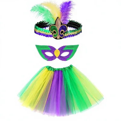 Mardi Gras Costume Set for Adult Women Tutu Skirt Headband Sequin Mask Long Socks Carnival Halloween Dancing Party Favor