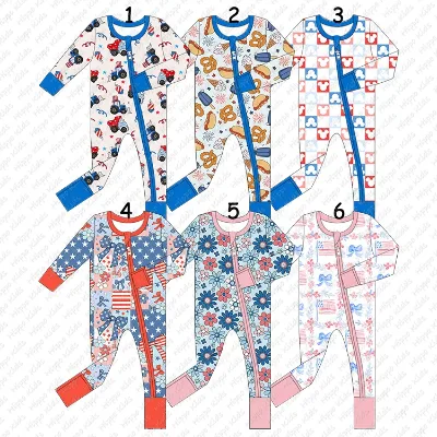 Infant Girls Bamboo One-pieces Jumpsuits July 4th Custom Print Long Sleeve Zipper Rompers for Unisex Festival Kids Clothes