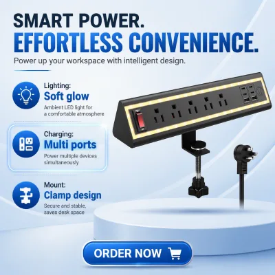 Desk Edge Clamp Mount Power Strip 5 40W Fast Charging Extension Socket Nightlight Surge Protection for Office Desk Workstation