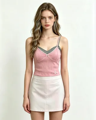 Women Fake Two Piece Spaghetti Strap Cami Top Bow Floral Embroidery Slim Knit Tank Top