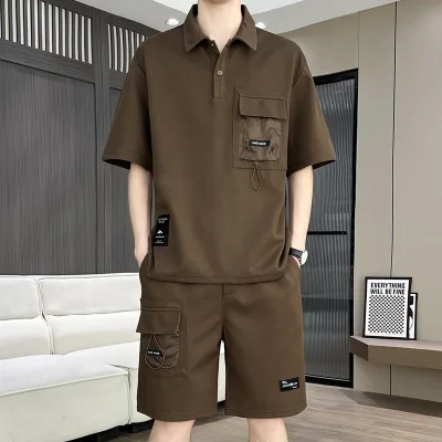 Men Cargo Pocket Polo Shirt and Shorts Two Piece Set Lapel Short Sleeve Drawstring Pocket Casual Street Matching Outfit