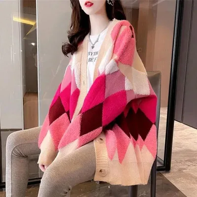 2026 Fall Multicolor Argyle Knit Cardigan Women Oversized V-Neck Button Front Sweater