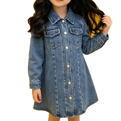 Girls' Autumn Washed Denim Dress Turn-down Collar Long Sleeves Single-breasted Stylish A-line Korean Style Dress for Children