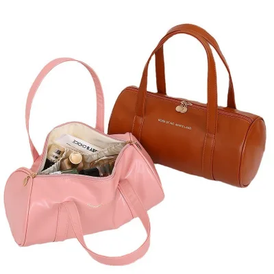 Luxury Luggage Makeup Hand Bag Storage Tote Retro Pu Hand-held Cylindrical Cosmetics Separation Storage Travel Bag with Handles