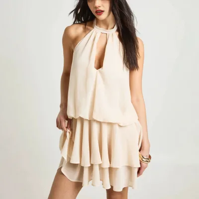 Ruffled Edge Hight Waist Solid Color Mini Dress Fashion Sleeveless Backless Short Dresses Sexy Halter Hollow Draped a Line Dress