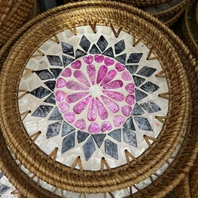 Good Quality Round Seashell Rattan Tray Boho Pattern Fish Design Handmade Rattan Tray