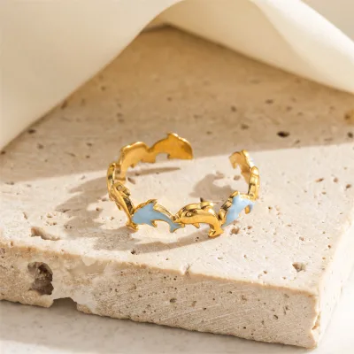 European American High-End Women's Fashion Rings Luxury Stainless Steel with Dolphin Opening for Marine Beach Vacations