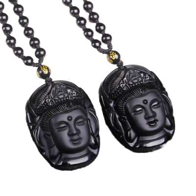Classic Style Natural Black Obsidian Carved Jade Guanyin Buddha Head Pendant Lucky Amulet Talisman Necklace with Gift