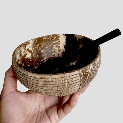 100% Natural Eco Organic Coconut Salad Bowl and Wooden Spoons Set Handcrafted Boho Style Dough Bowl and Forks From Vietnam
