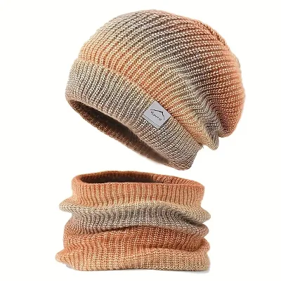 Gradient Color Thickened Warm Ear Protector Neck Scarf Wool Knit Cap and Ski Hat Two-Piece Set for Sports Snowboarding Skiing