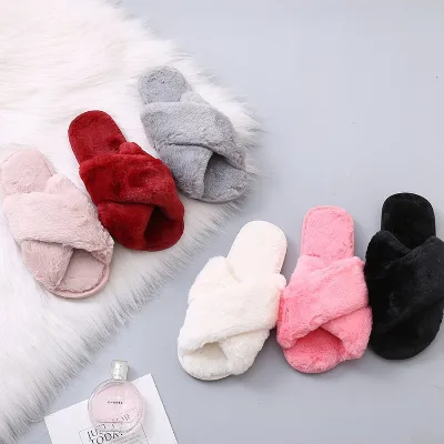 Women Faux Fur Furry House Slippers Large Size Fashion Warm Flat Slip on Slippers Black Pink Comfortable Home Winter Shoes