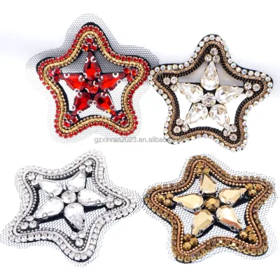 PE020 Shinning Handmade Crystal Beaded Patches Sew on Star Rhinestone Patch for Garment