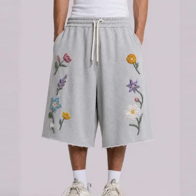 French Terry Material 100% Cotton Raw Hem Design Shorts Men Custom Streetwear Fashion Flowers Embroidery 3/4 Sweatpants Shorts