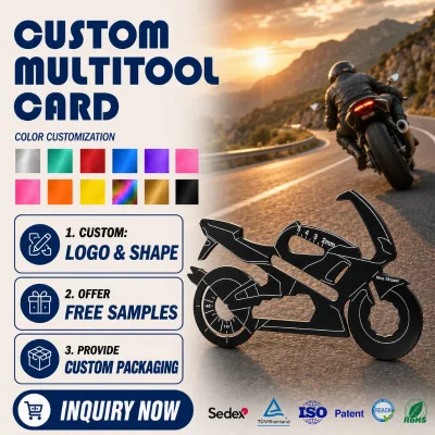 Custom Logo Stainless Steel Survival Multi-Function Motorcycle Design Keychain Tool EDC Card Wrench Screwdriver Bottle Opener